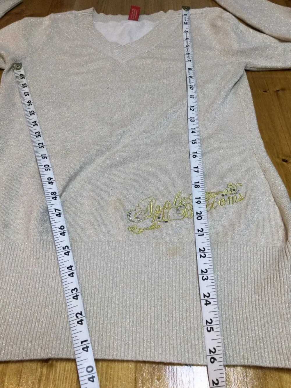 VTG 90s Y2K Apple Bottoms XL V Neck Sweater Gold Shimmer Knit Hip Hop Streetwear